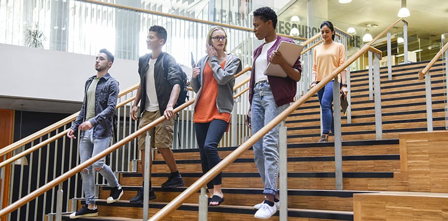 A group of students walking down a flight of stairs.