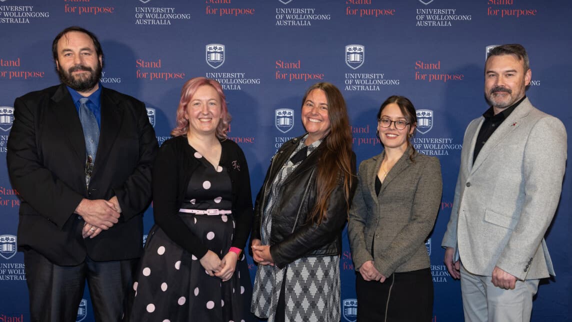 The University of Wollongong digital skills hub working group. L-R the team are Daniel Judge, Kate Schreiber, Kristy Newton, Adrienne Corradini, and Keith Brophy.