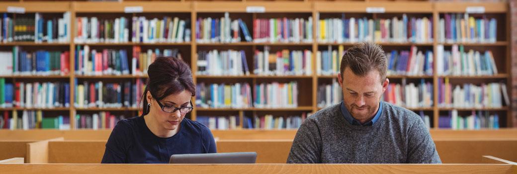 Two researchers sit in a library in front of bookshelves