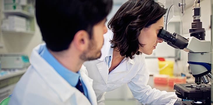 Two scientists use a microscope.