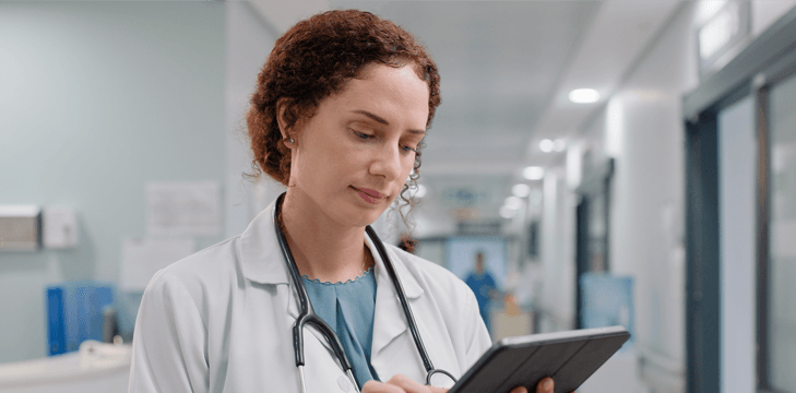 Female doctor, tablet and search in hospital for medical research